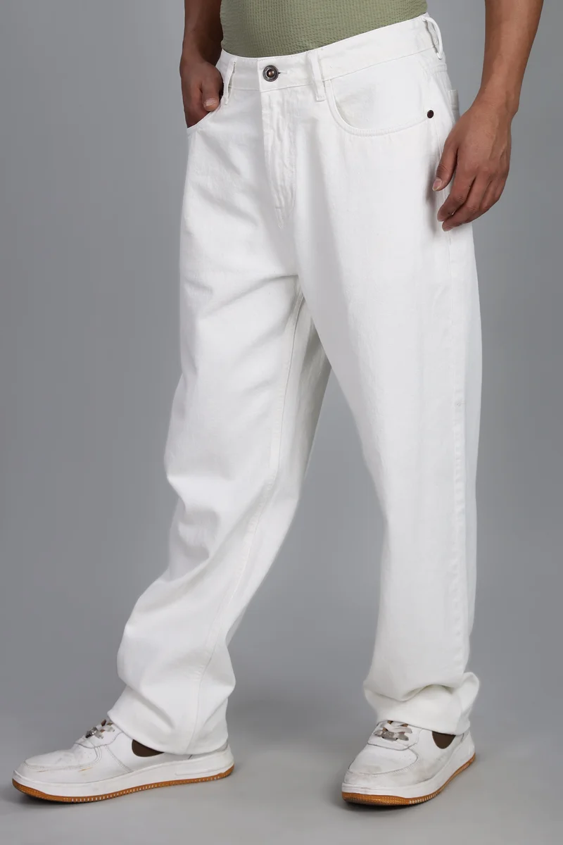 inkd Frost White Men's Classic Relaxed Jeans Mid-Rise | 100% Cotton | 5 Pocket Styling | Baggy Jeans for Man for Men | Best Price UAE